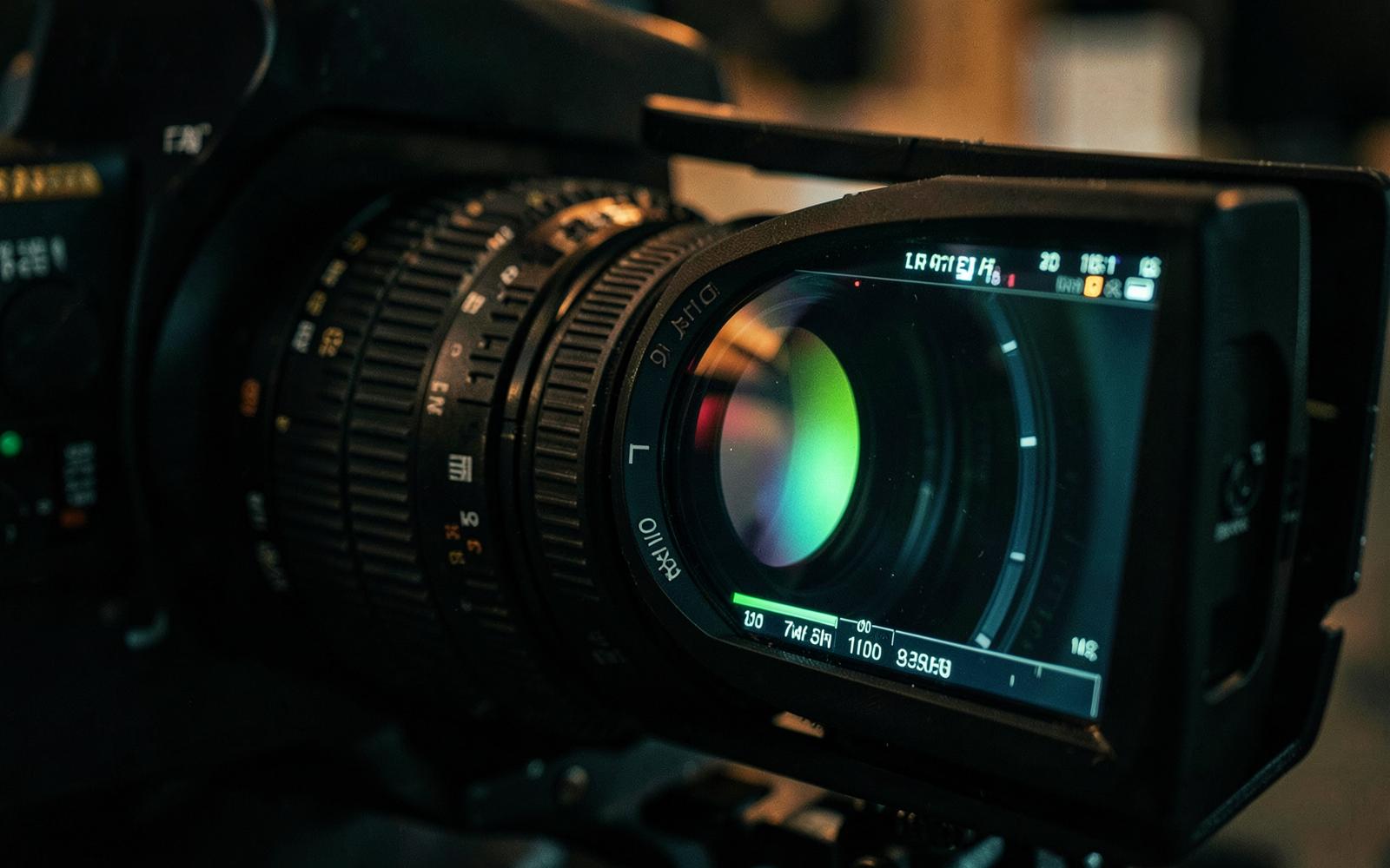 Detalhe de câmera profissional de produção cinematográfica